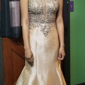 Elegant Beaded Evening Gown in Champagne